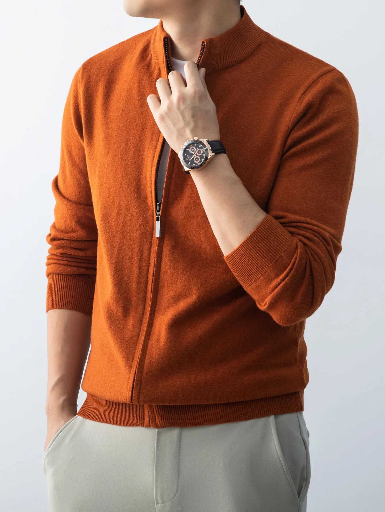 Wool Knitted Cardigan Men's 2026 New Spring and Autumn Fashion Stand-up Collar Top Casual Zipper Sweater Business Casual Jacket