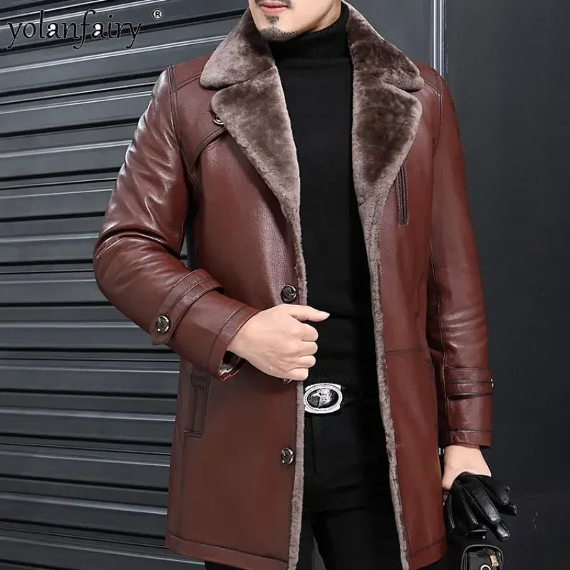 YOLANFAIRY Natural Leather and Fur Jackets for Men Midium Pure Sheepskin Genuine Leather Jacket Lapel Mens Winter Coat Thick 6XL