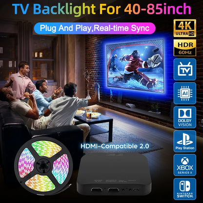 TV Ambient Backlight For 40-85Inch Color Real-Time Sync LED Light Strip For 4K HDMI-Compatible 2.0 Device Sync Box Light Kit