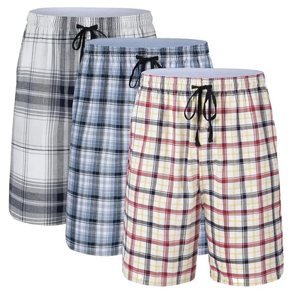 100% Cotton 3Pcs Mens Underwear Boxers Shorts Male Breathable Loose Pajama Sleep Bottoms Shorts Plaid Comfortable Homewear
