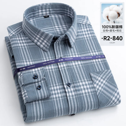 Men's long-sleeved cotton jersey checked shirt - suitable for daily work in all seasons, featuring fashionable style.
