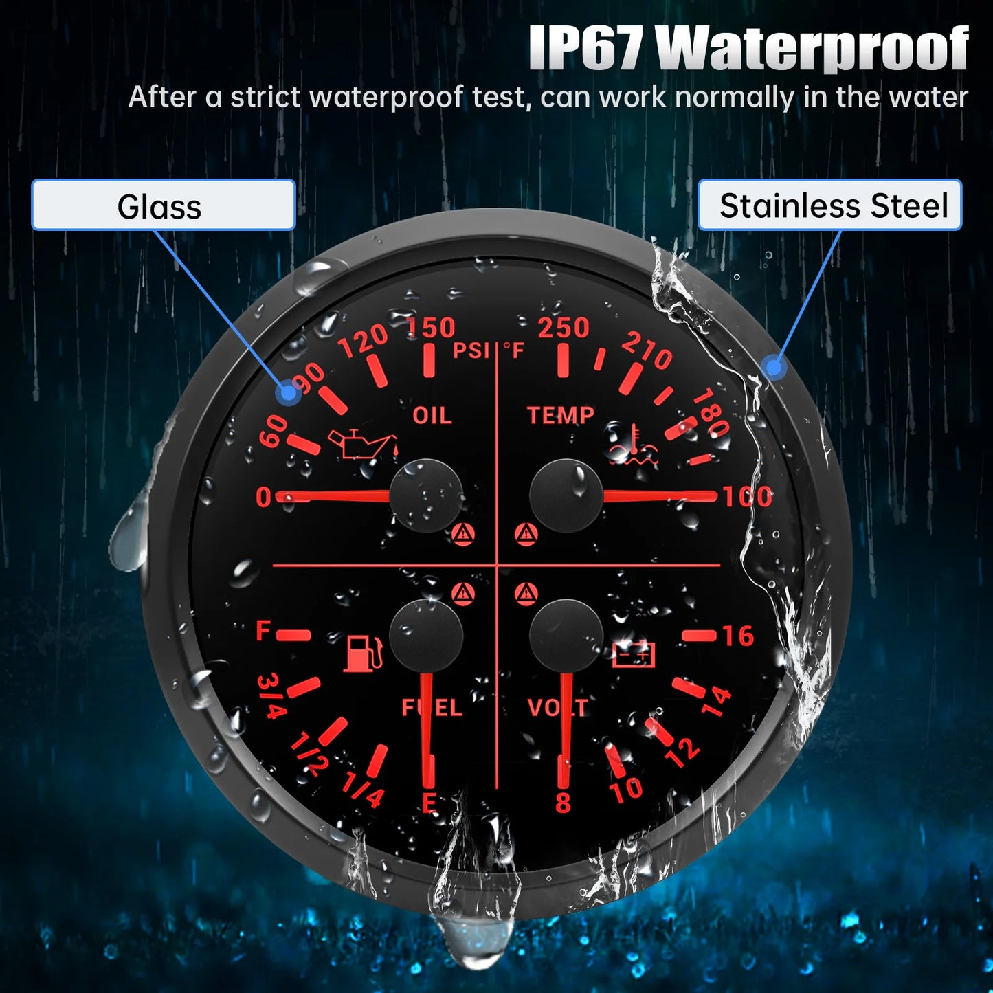 110mm 4 In 1 Gauge 0-150PSI / 0-10BAR Oil Pressure Gauge Water Temperature Fuel Level Voltmeter Light Alarm for Car Boat Yacht