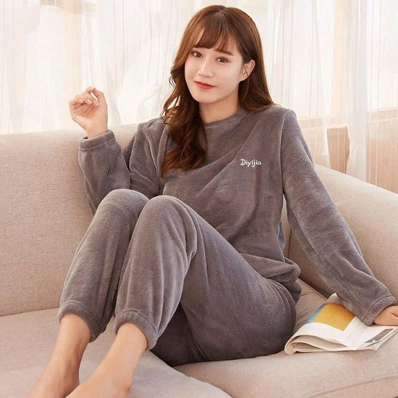 Thickened Fluffy Sleepwear Long Sleeve Men's Coral Fleece Pajamas Warm Home Clothes Set Loose Fit Outerwear in Autumn And Winter