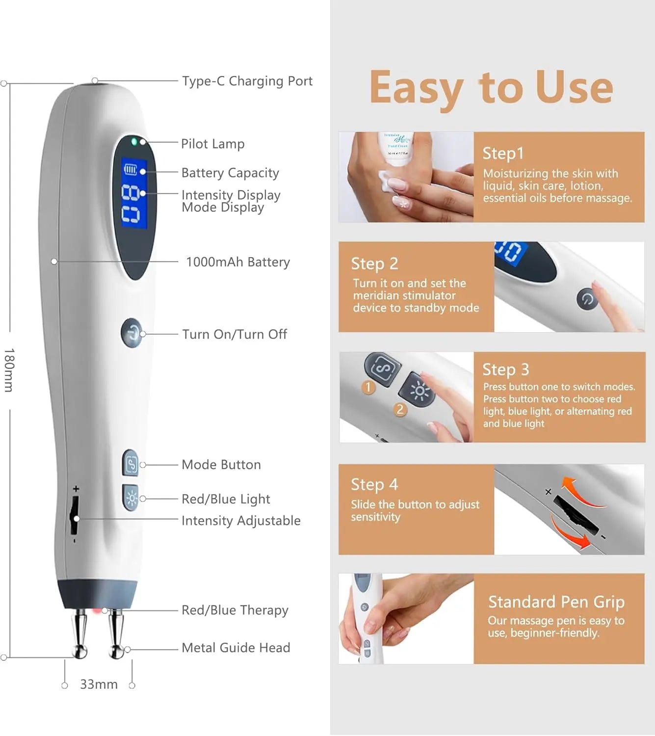 Electronic Acupuncture Pen Electric Acupuncture Massage Pen Rechargeable 2 Pulses 2 Head Meridian Energy Healing Device