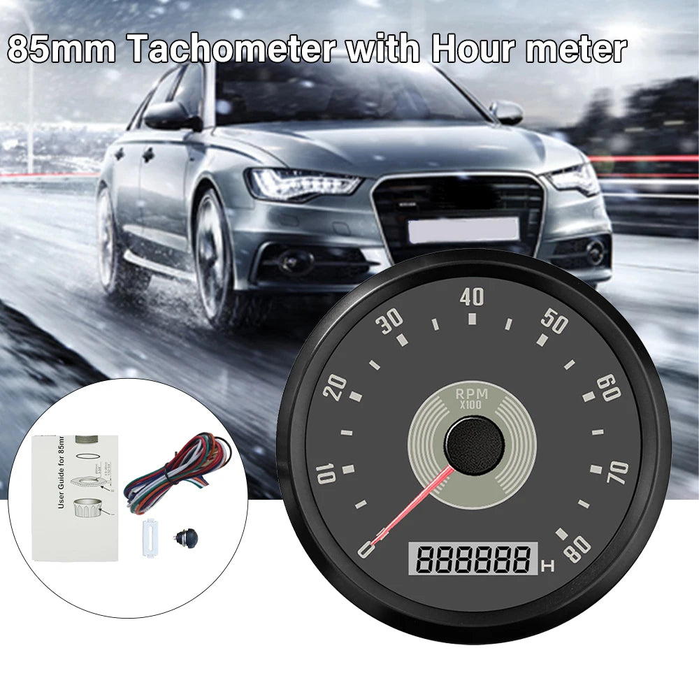 ELING Car 85mm Tachometer 0-8000RPM 0-10000RPM with LED Hourmeter Adjustable Red Yellow Backlight for Motorcycle Boat 9-32V