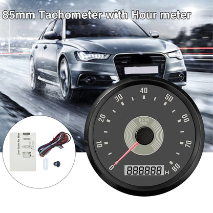 ELING Car 85mm Tachometer 0-8000RPM 0-10000RPM with LED Hourmeter Adjustable Red Yellow Backlight for Motorcycle Boat 9-32V