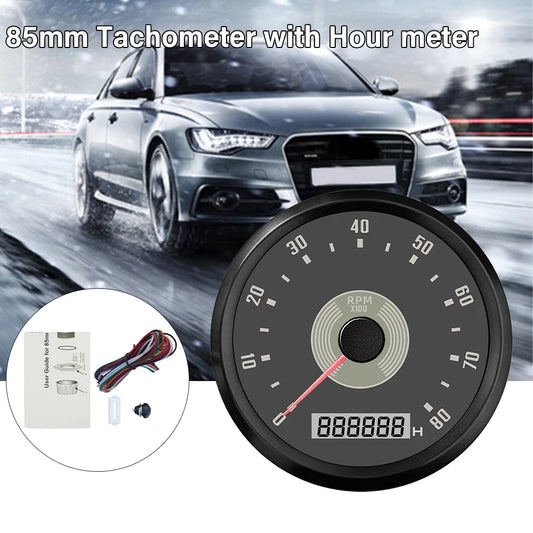 ELING Car 85mm Tachometer 0-8000RPM 0-10000RPM with LED Hourmeter Adjustable Red Yellow Backlight for Motorcycle Boat 9-32V