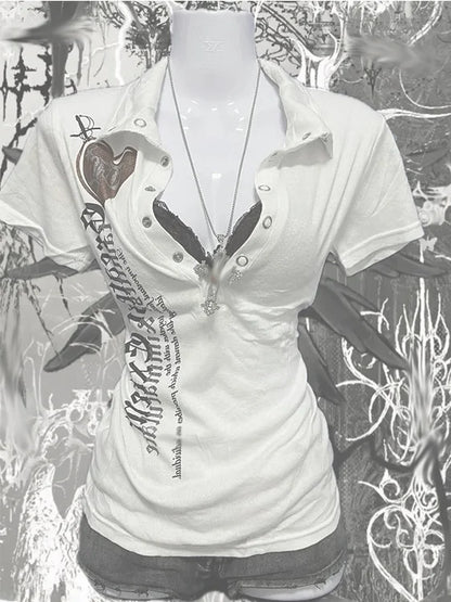 Retro American Hot Girl Print Short Sleeve Slim Fit T-Shirt Women's Summer New Style Versatile Slimming Top Cotton Polyester