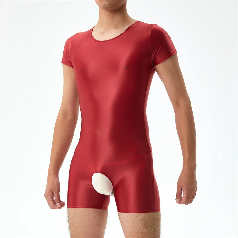 Sexy Men's Open Crotch Bodysuit Short Sleeve Oil Shiny Glossy Tights High Elastic Man Clothing Shapers Exotic Leotard