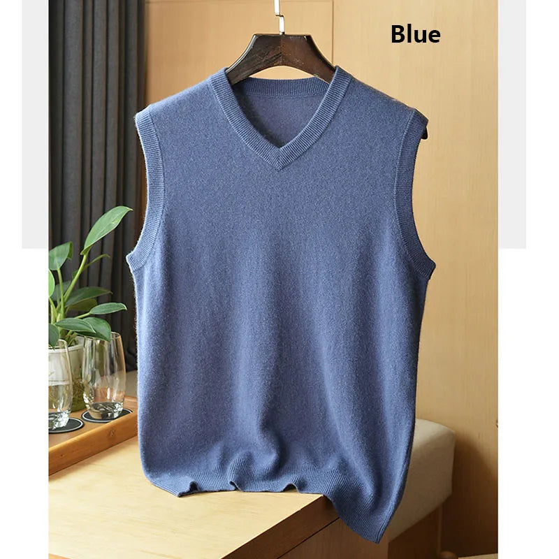 Autumn and Winter Men 100% Cashmere T-shirt V-neck Vest Simple Generous Wool Jumper Blue Soft Skin Breathable Men's Clothing