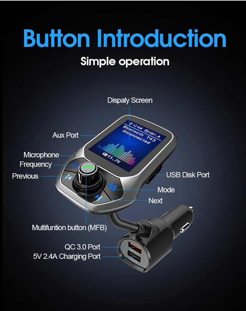 Bluetooth FM Transmitter Handsfree 1.8'' TFT Display Car radio MP3 Music USB SD EQ Player Built-in Mic Quick Charge 3.0 Adapter