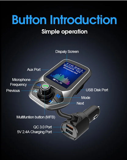 Bluetooth FM Transmitter Handsfree 1.8'' TFT Display Car radio MP3 Music USB SD EQ Player Built-in Mic Quick Charge 3.0 Adapter