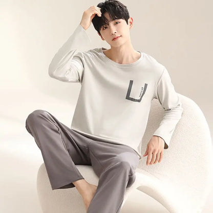 2024 Autumn Long Sleeve 100% Cotton Pajamas Sets for Men Korean Loose High Quality Sleepwear Pyjamas Male Homewear Home Clothes
