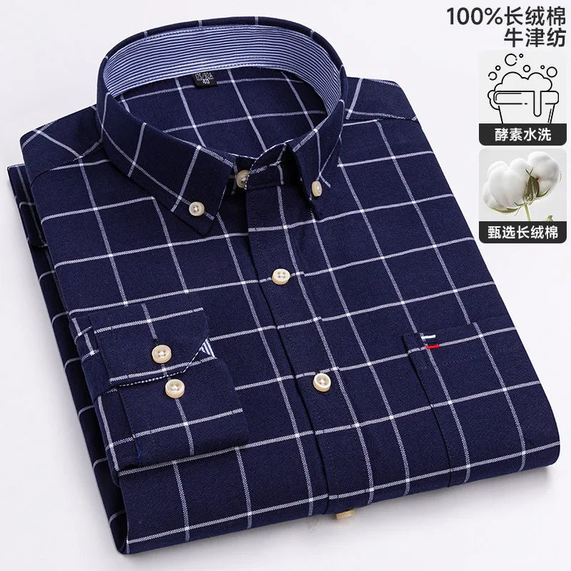 100% cotton men's long-sleeved shirt, casual plaid cotton shirt for young and middle-aged people, large size, authentic shirt