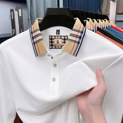 Fashion silk cotton long sleeve polo shirt men's autumn luxury brand simple comfortable new business and leisure lapel T-shirt