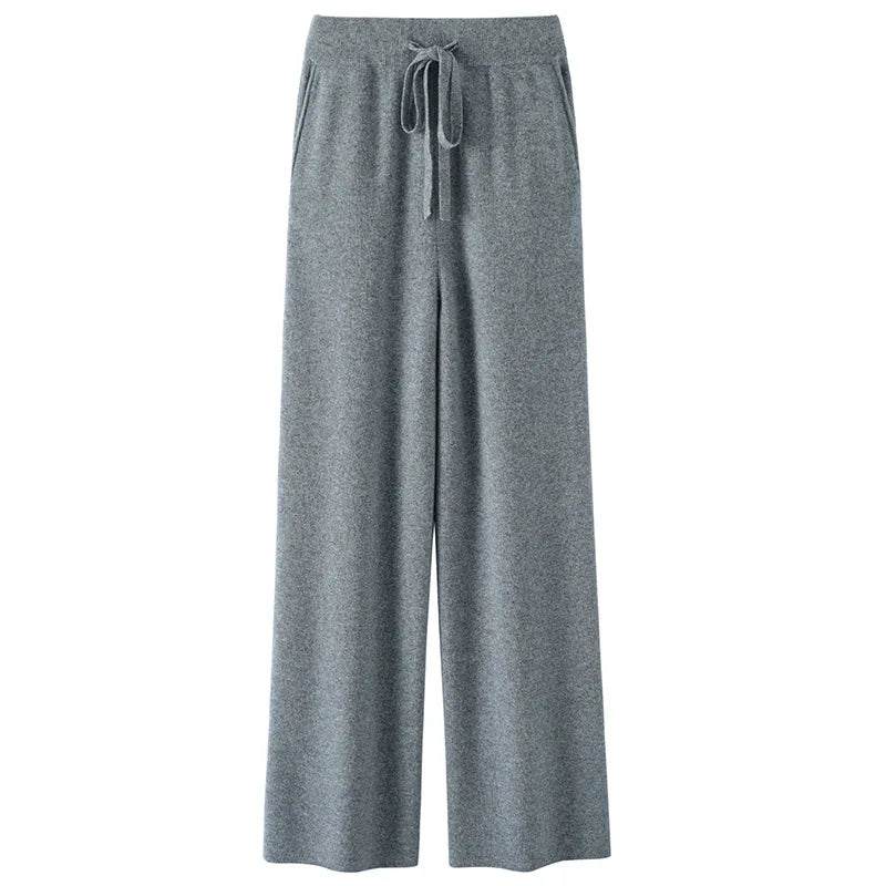 High Waist Wool Knitted Wide Leg Pants Women's Outerwear Autumn Winter Thickened Floor-Length Straight Cut Casual Trousers