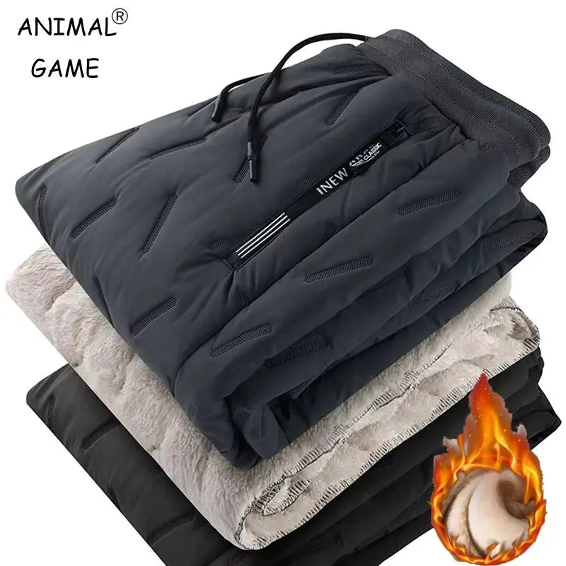 Winter Zip Pockets Thicken Fleece Sweatpants Men Jogger Black Down Sport Warm Pants Male Water Proof Thermal Trousers