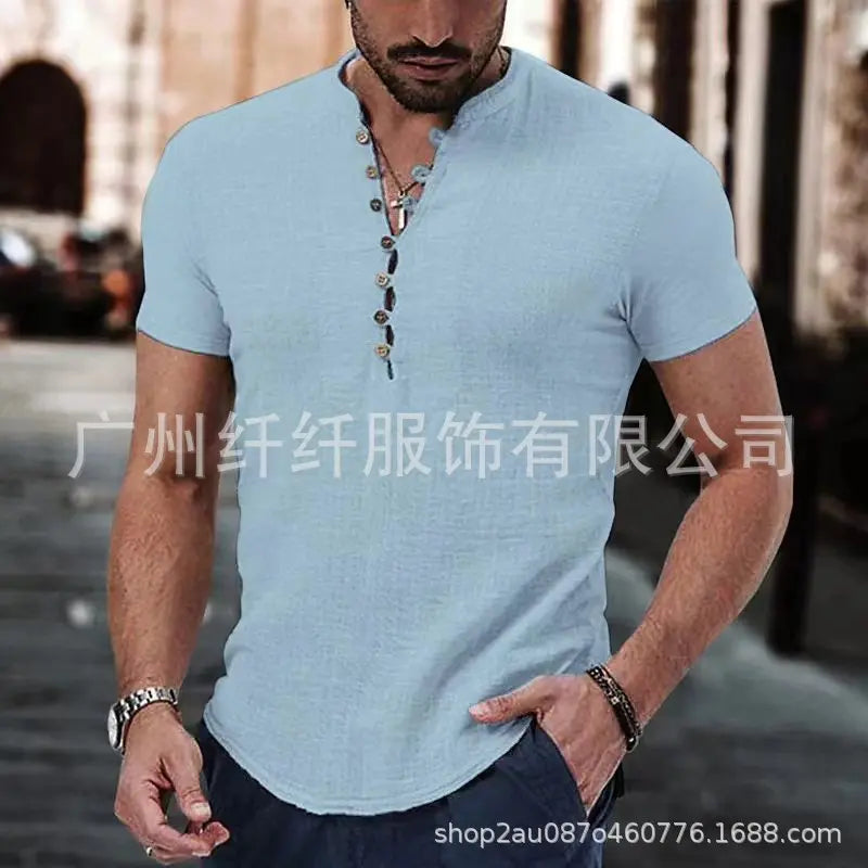 Men's Short Sleeve Linen Shirt Summer Lightweight Casual V-Neck T-Shirt Men Basic Solid Color Loose Fit Top