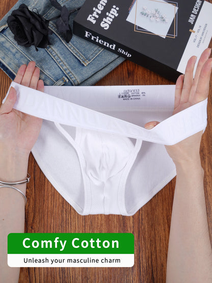 Men's 100% Cotton Ribbed Briefs U Convex Pouch Embossed Elastic Waistband Soft Skin-Friendly Breathable Underwear