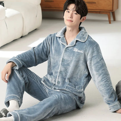Men's Winter Thickened Fleece Pajamas Coral Velvet Home Clothes Set New Style Long Sleeve Stand Collar Couple's Outfit