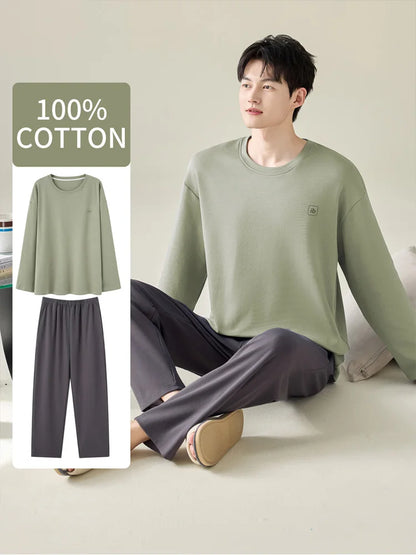 Men's 100% Cotton Long Sleeve Pajama Set, Spring Summer & All Season Plus Size Loungewear, Teen & Adult Pure Cotton Home Suit