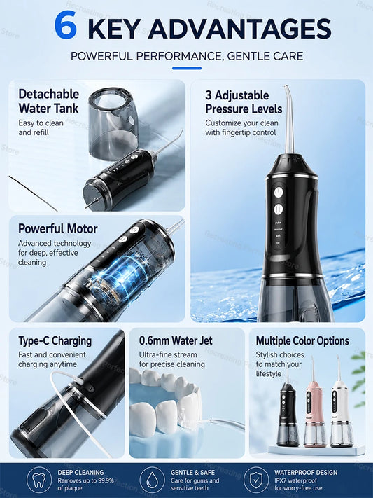 Upgraded Oral Irrigator Portable Electric Water Flosser Dental 380ml Type-C Charge 3 Modes For Teeth/Gum Cleaning 4 Nozzles