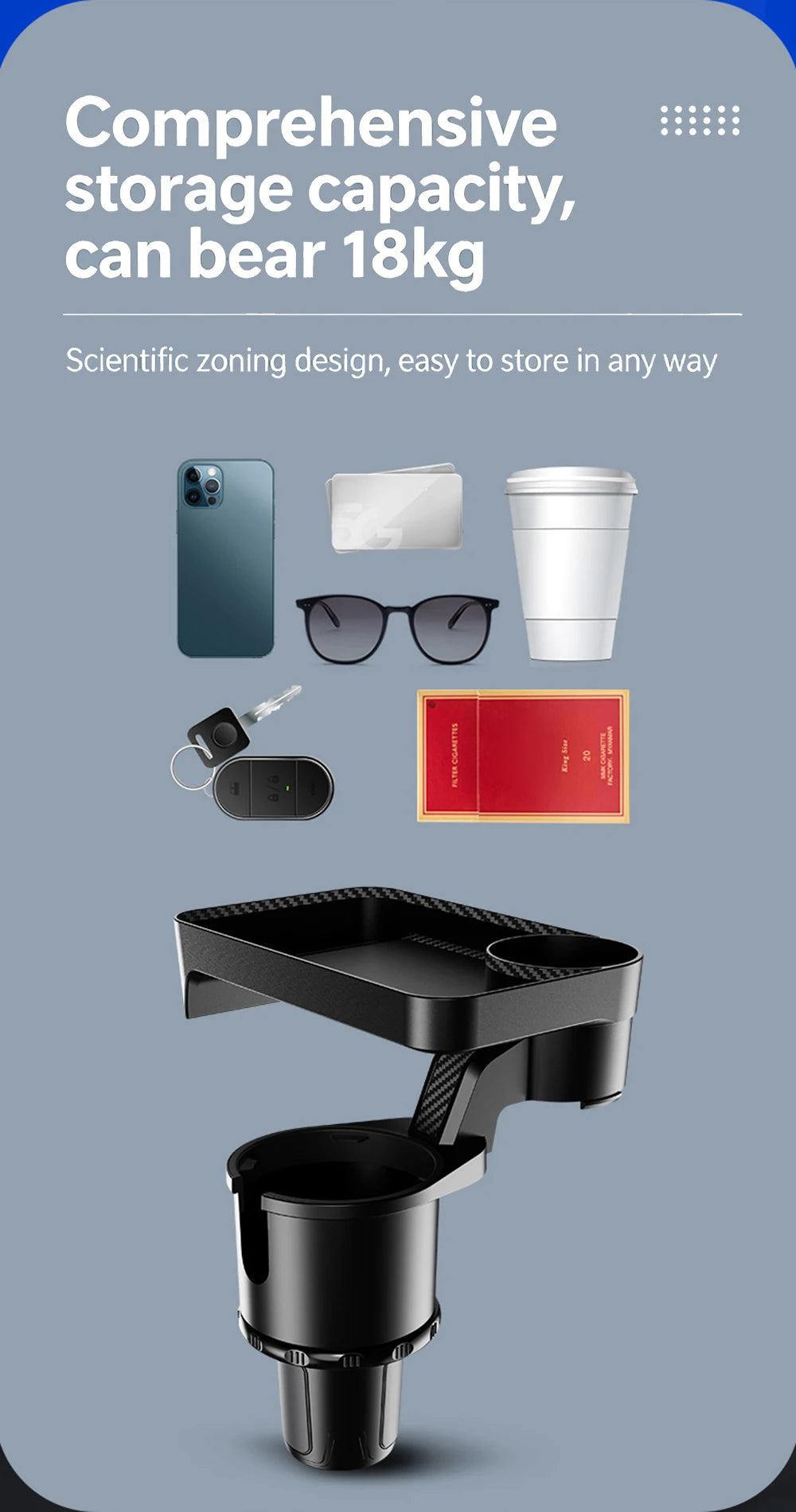 Car Cup Holder Expander Multi-Function Drink Holder with Food Table 360-Degree Adjustable Base Tray for Snack