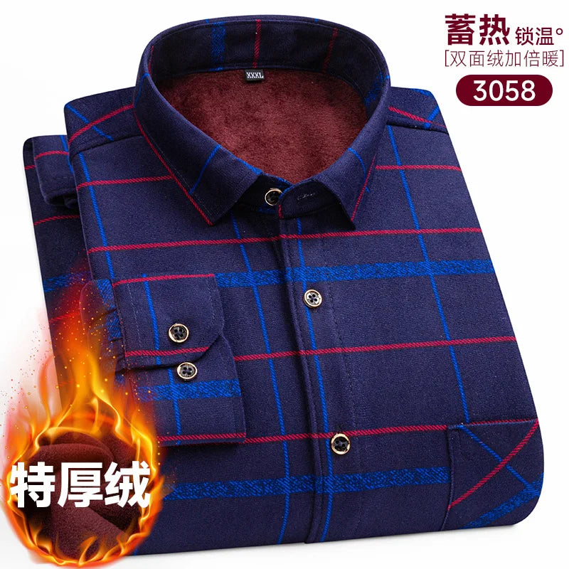New Men's Long-Sleeved Shirt Thickened and Fleece Warm 8XL9XL Plus Size Autumn and Winter Casual No-Ironing Comfortable Top