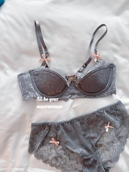 Sexy Lace Half Cup Bra Set Women Soft Underwire Gathered Thin Push Up Lightweight Exquisite Lace Comfort Lingerie Set 4 Colors