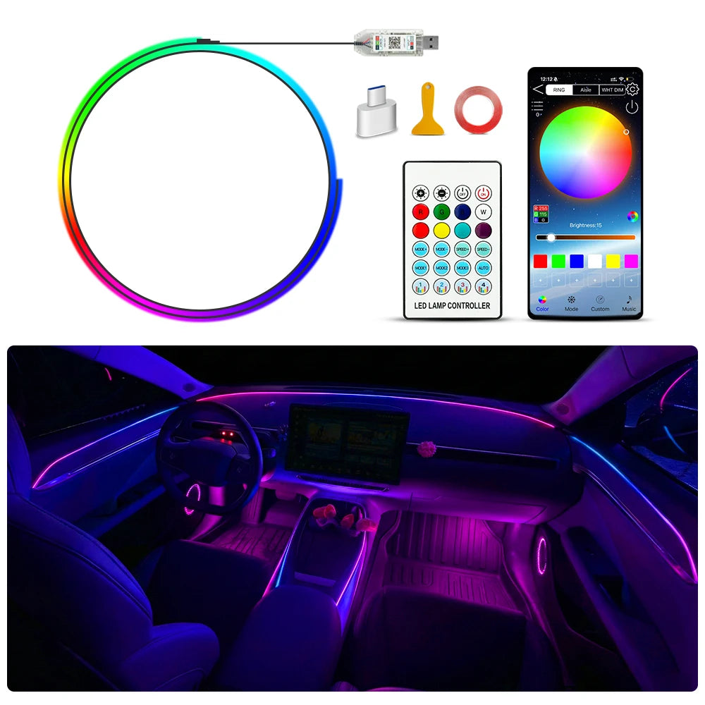 43" Car Ambient LED Lights - 64-Color RGB Interior Lighting Kit with Hidden Acrylic Strip for Symphony Atmosphere