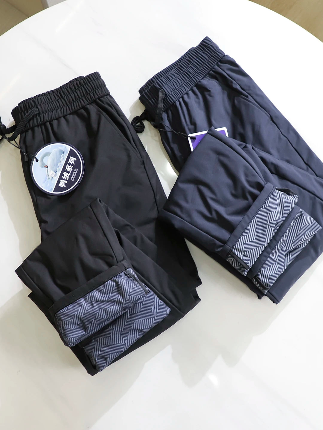 Men's Winter Thickened 90 Duck down High Fluffy Elastic Waist Casual Straight Leg Long Pants Lightweight Warm Outdoor Wear