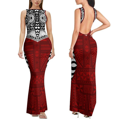 Dropshipping Custom Retro Style Design Elegant Ladies Club Dress Hawaiian Print Sleeveless Backless Dress New Zealand Prom Dress