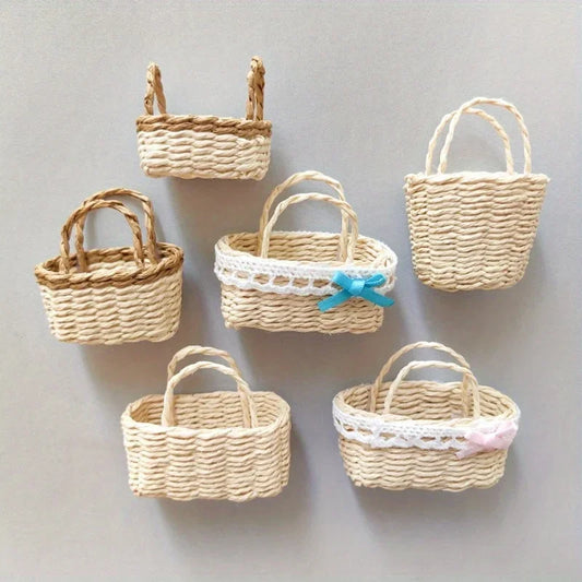 Miniature Basket Handmade Mini Wicker Basket Woven Paper Rattan Basket Dollhouse Ornament Accessories Decoration Easter