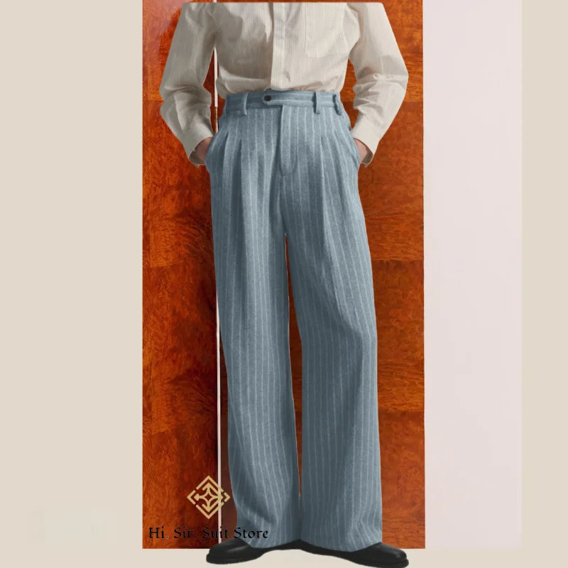 Men's High-Street Vintage Striped Pants Drapey Silhouette Melange Old Money Style Elegant Casual Trousers for Gentlemen Fashion