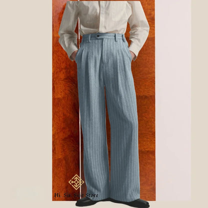 Men's High-Street Vintage Striped Pants Drapey Silhouette Melange Old Money Style Elegant Casual Trousers for Gentlemen Fashion