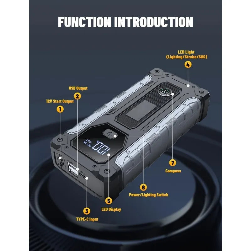 QIKUI portable jump starter car battery, 8000mAh 12V Petrol Diesel Car booster batterie voiture, rechargeable lighting 3 in 1