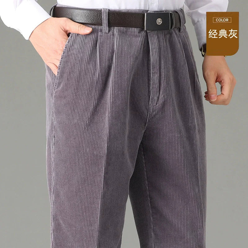 High Waist Double Pleated Winter Corduroy Pants Men Straight Loose 100% Cotton Autumn Casual Mens Trousers Size 44 46 48 50