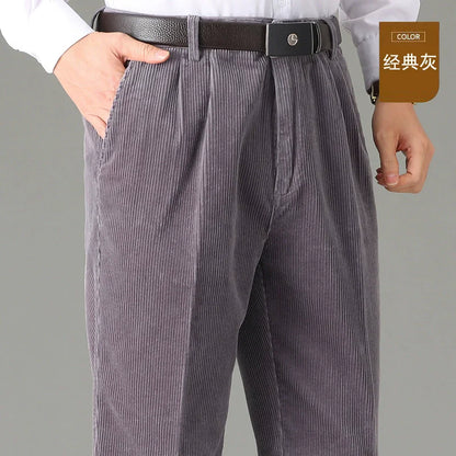 High Waist Double Pleated Winter Corduroy Pants Men Straight Loose 100% Cotton Autumn Casual Mens Trousers Size 44 46 48 50