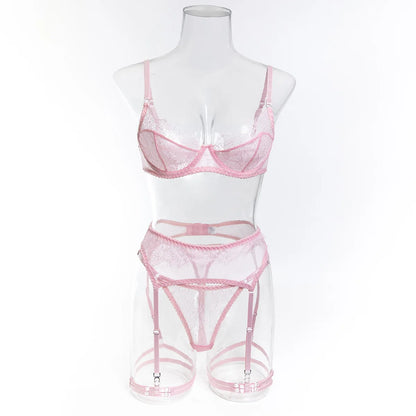 Ellolace Fancy Lingeries Sexy Hot Elegant Bra 3PC Set with Leg Circles Sissy Solid Color Intimate Eyelash Lace Patchwork Costume