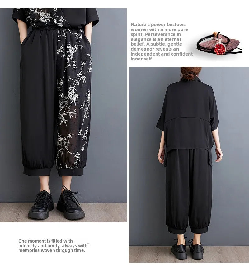 Summer New Loose Artistic Bamboo Print Cross Irregular irt Wide Leg Pants Two Piece Set Good Quali plus Size Faionable