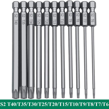 11PCS Torx Head Screwdriver Bit Set Magnetic 1/4" Hex Shank S2 Steel 3 Inch Long Drill Bits Security Torx Bits T6-T40 50/100mm