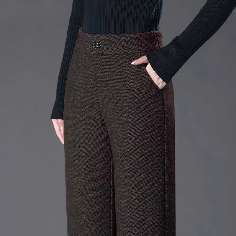 Women's Woolen Flared Pants High Waist Elastic Polyester Fiber Warm Casual Trousers for Autumn Winter 2025 New Style