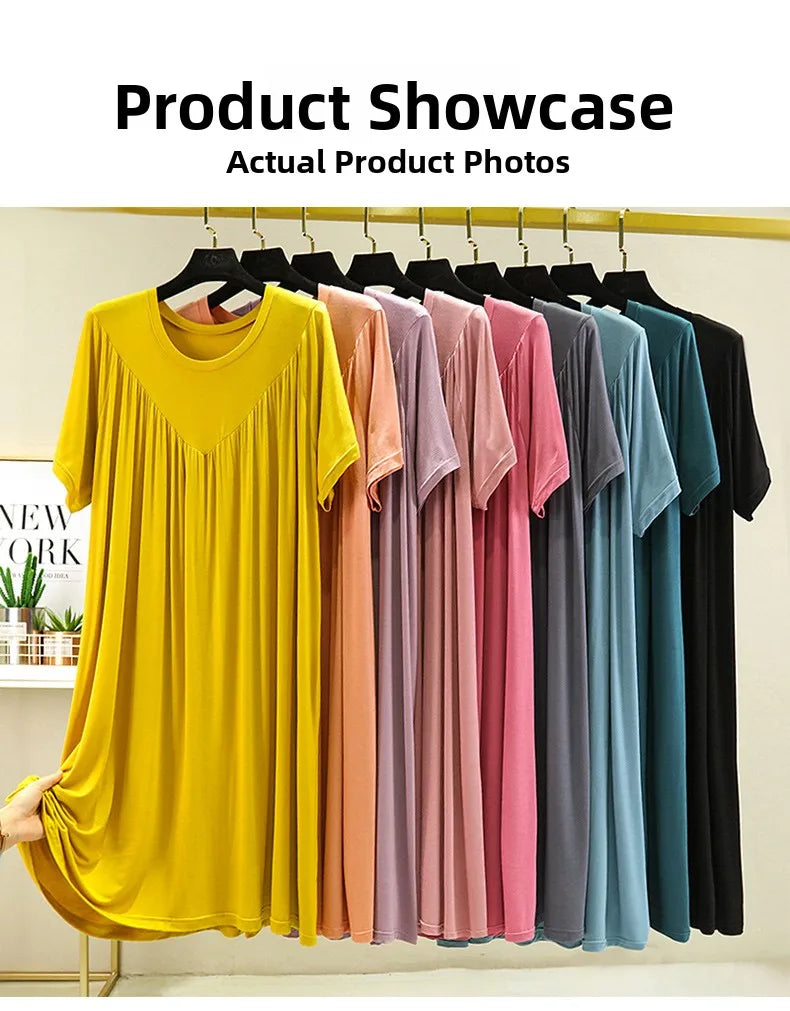 Loose plus Size Sp Dr Modal Women's Summer Thin Home Gown Skirt Sle round Ne ort Sve Long Dr Korean Sle