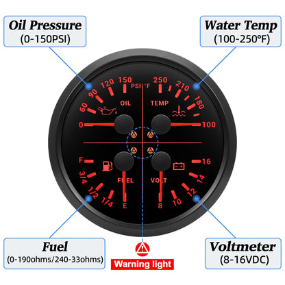 110mm 4 In 1 Gauge 0-150PSI / 0-10BAR Oil Pressure Gauge Water Temperature Fuel Level Voltmeter Light Alarm for Car Boat Yacht