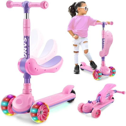 2-in-1 Kids Kick Scooter with LED Lighted Wheels Adjustable Height Wide Deck 3 Wheel Scooter Sit/Stand Child Toddler Outdoor Toy