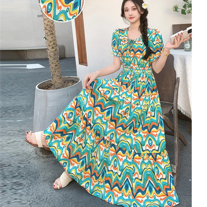 Summer New Cotton Silk Floral Print Maxi Dr ort Sve Beachwear High Waist Young Women's Large Skirt Swing Dr