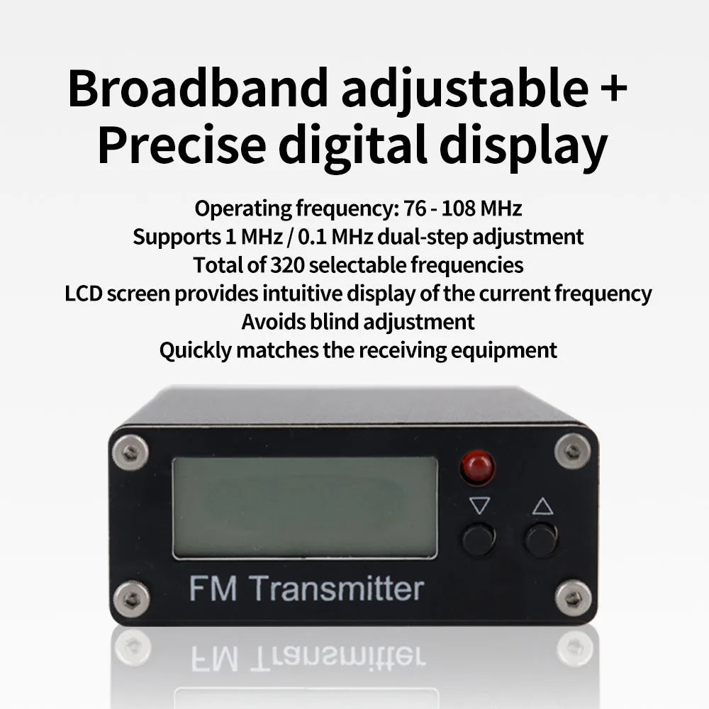 0.5W FM Transmitter 76-108MHz 2KM Range LCD Stereo, 3.5mm AUX USB-C Wireless Audio Broadcast For Car & Church