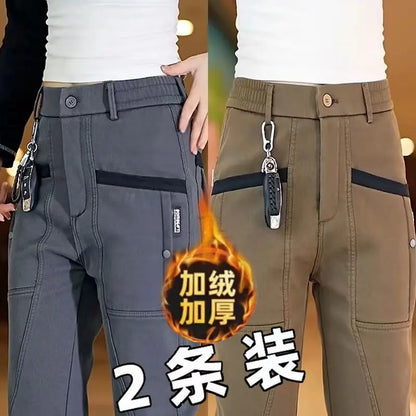 Men's Workwear Pants Elastic Waist Multi-Pocket Straight Leg Autumn Winter Durable Polyester Fiber Casual Trousers