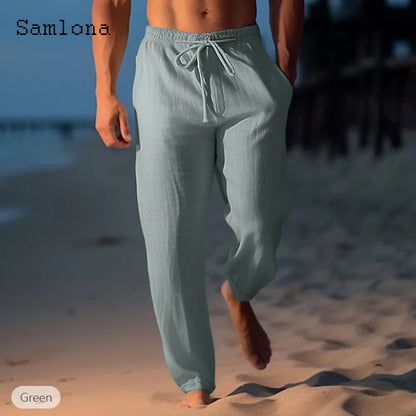 2026 new fashionable casual cotton and linen pants, solid color and ankle pants, plus size men's drawstring casual sports pants