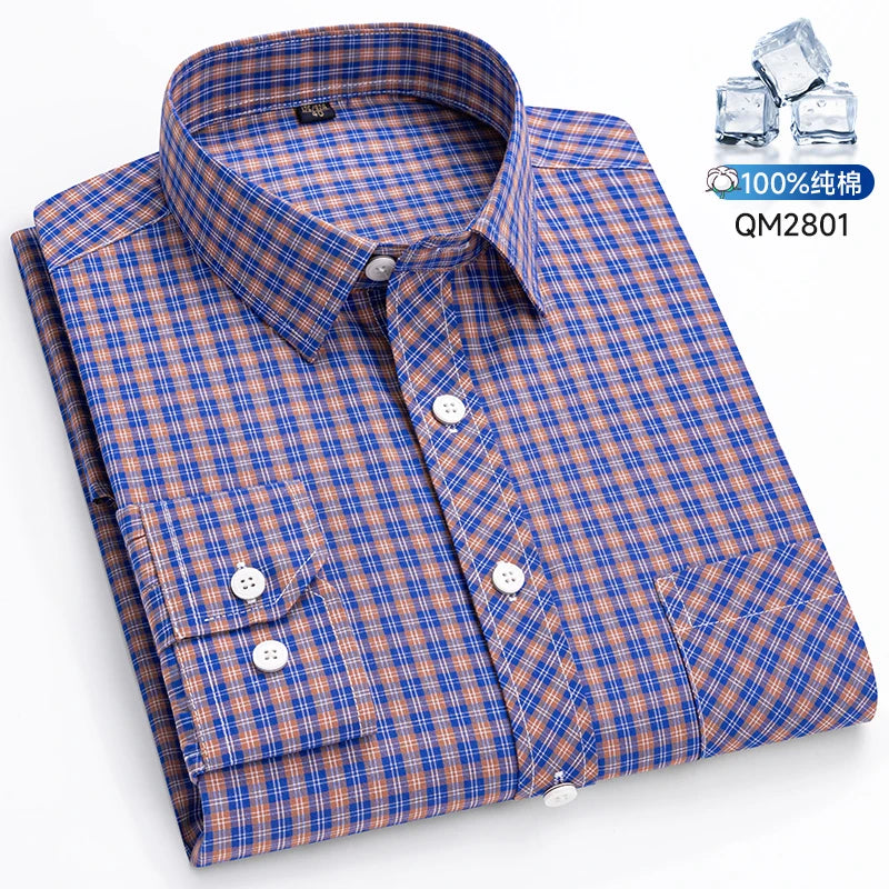 The New Men's Long-Sleeved Shirt Is Cool and Casual. It's a Thin, All-Cotton, Streetwear Checkered Style for Spring and Summer